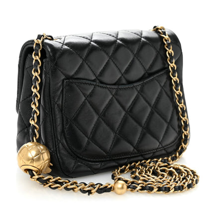 Lambskin Quilted Mini Pearl Crush Flap Black