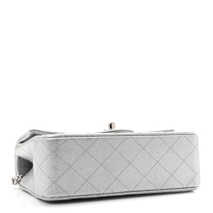 Metallic Caviar Quilted Mini Top Handle Rectangular Flap Silver