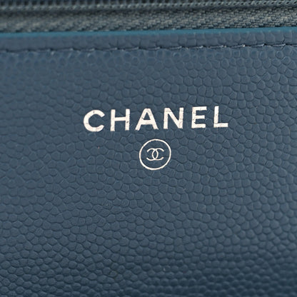 Shiny Caviar Quilted Enamel CC Wallet On Chain WOC Blue
