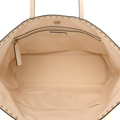 Metallic Boucle Raffia Calfskin Rockstud Shoulder Tote White Gold Ivory