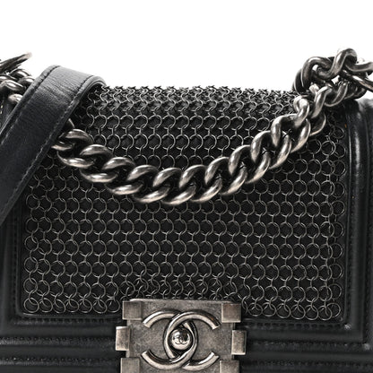 Lambskin Quilted Small Chain Mail Boy Flap Black