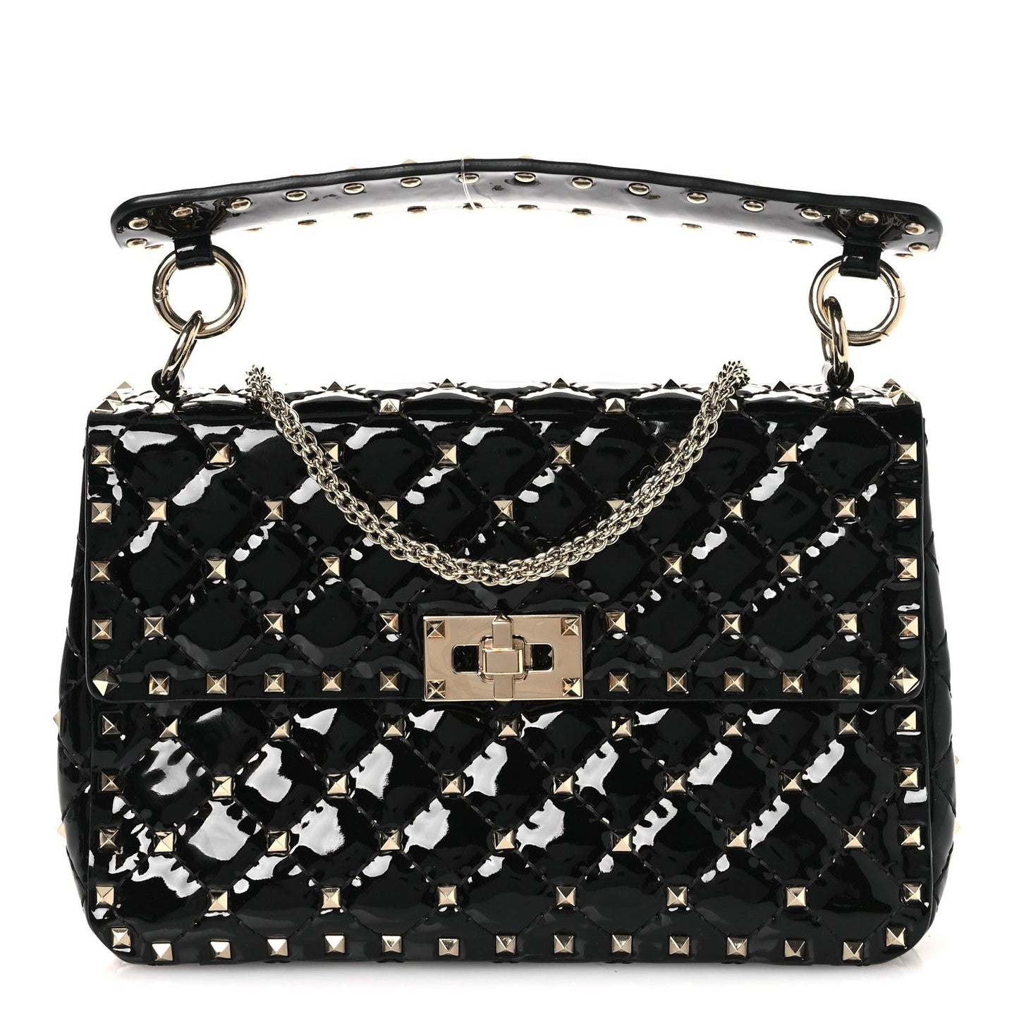 Patent Medium Rockstud Spike Shoulder Bag Black