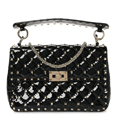 Patent Medium Rockstud Spike Shoulder Bag Black