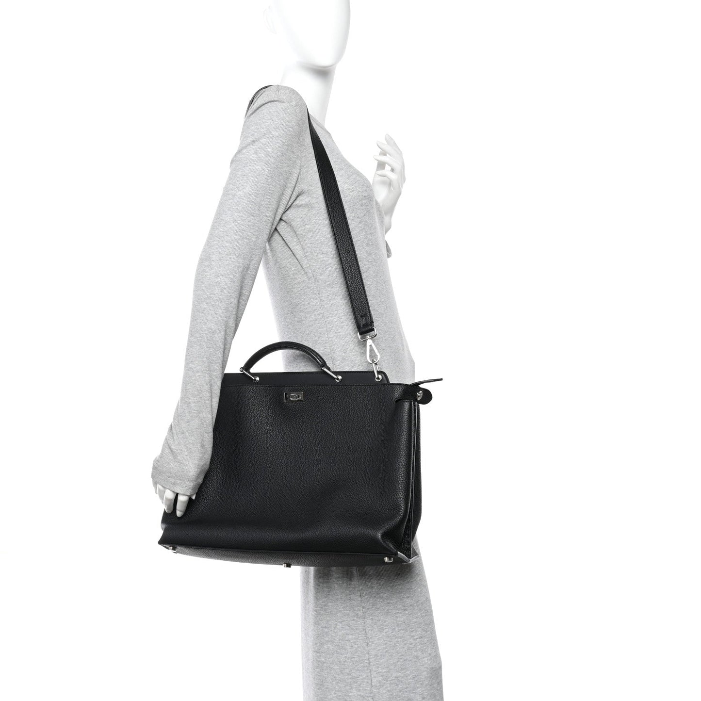 Cuoio Romano Selleria Vitello Grace Glazed Fabric FF 1974 Large Peekaboo Iconic Essential Satchel Black