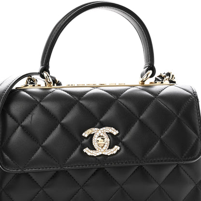 Lambskin Crystal Quilted Mini Trendy CC Dual Handle Flap Bag Black