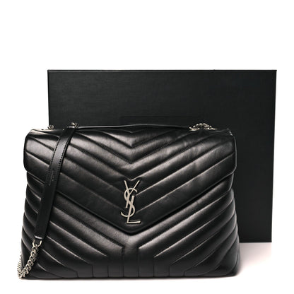 Calfskin Y Quilted Monogram Large Loulou Chain Satchel Black