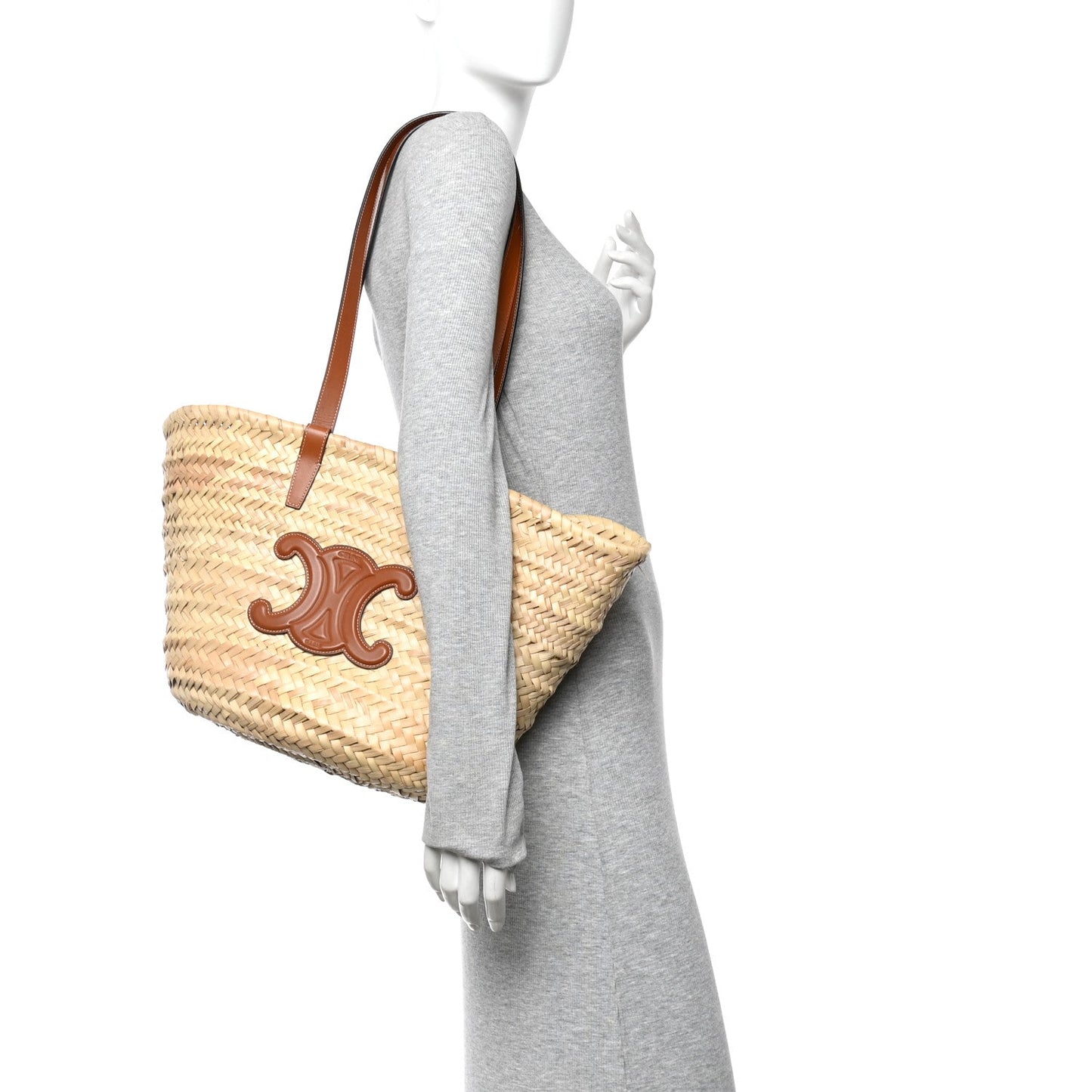 Raffia Calfskin Triomphe Medium Panier Tan