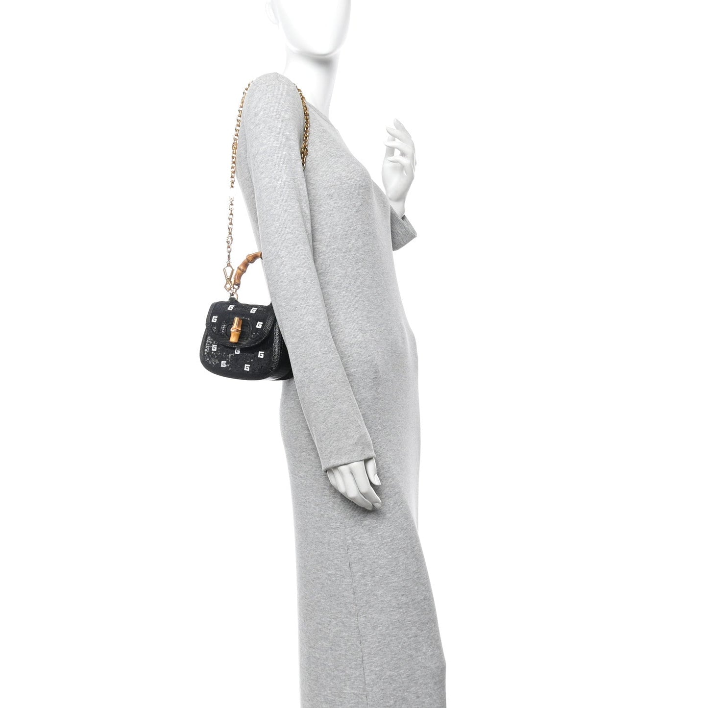 Sequin Lizard Embossed GG Mini Bamboo 1947 Top Handle Chain Bag Black White