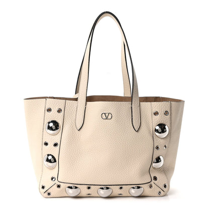 Grainy Calfskin Studded Small Nellcote Shopping Tote White