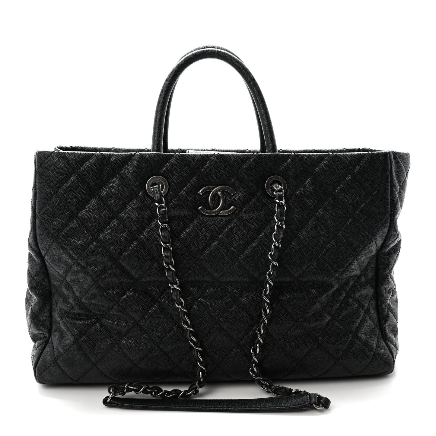 Caviar Quilted Large Coco Handle Shopping Tote Black