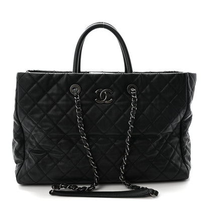 Caviar Quilted Large Coco Handle Shopping Tote Black