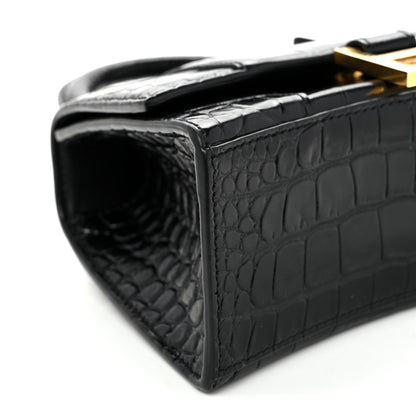 Shiny Calfskin Crocodile Embossed Hourglass Top Handle Bag XS Black