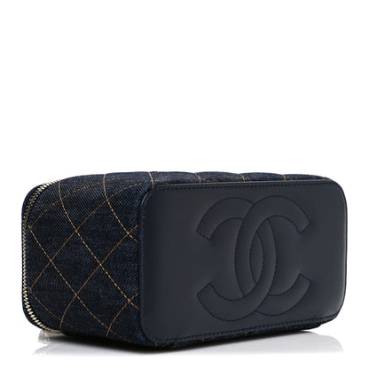 Denim Quilted Small Vanity Case With Chain Dark Blue Orange