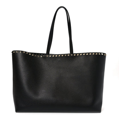 Grained Calfskin Rockstud Shoulder Tote Black