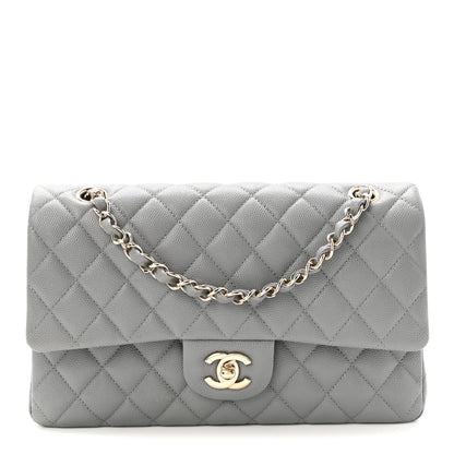 Caviar Quilted Medium Double Flap Grey