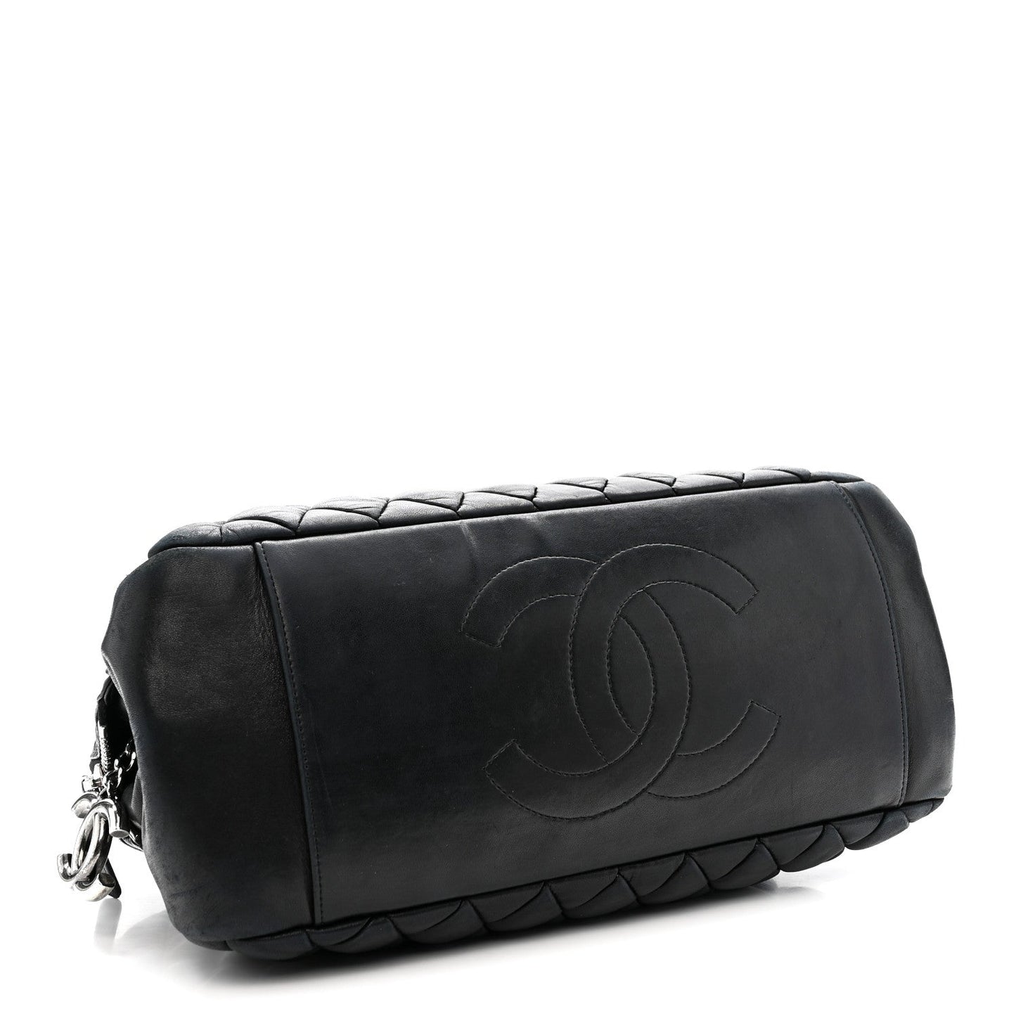 Lambskin Bubble Quilt Small Double Bowling Bag Black