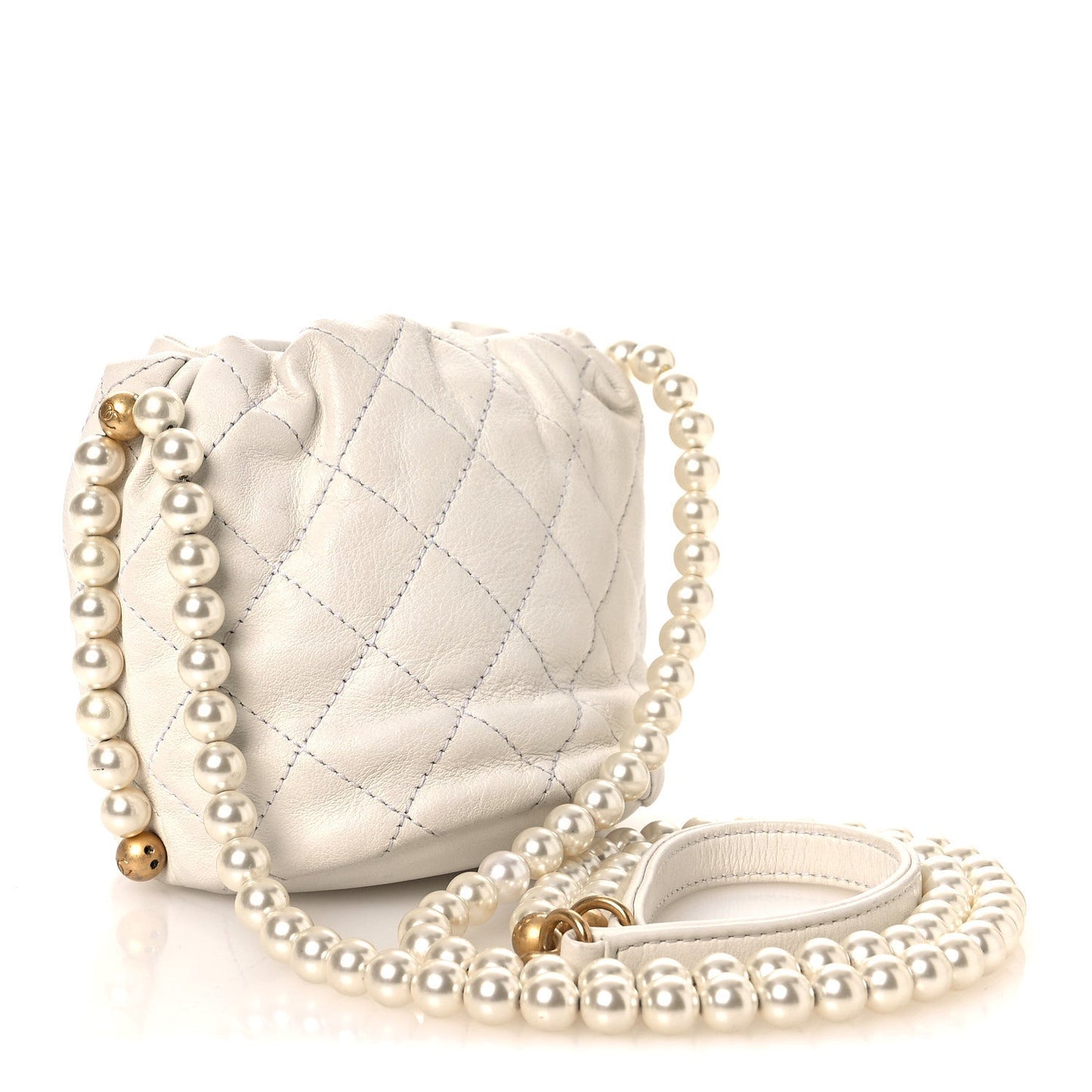 Calfskin Quilted Pearl Mini About Pearls Drawstring Bucket Bag  White