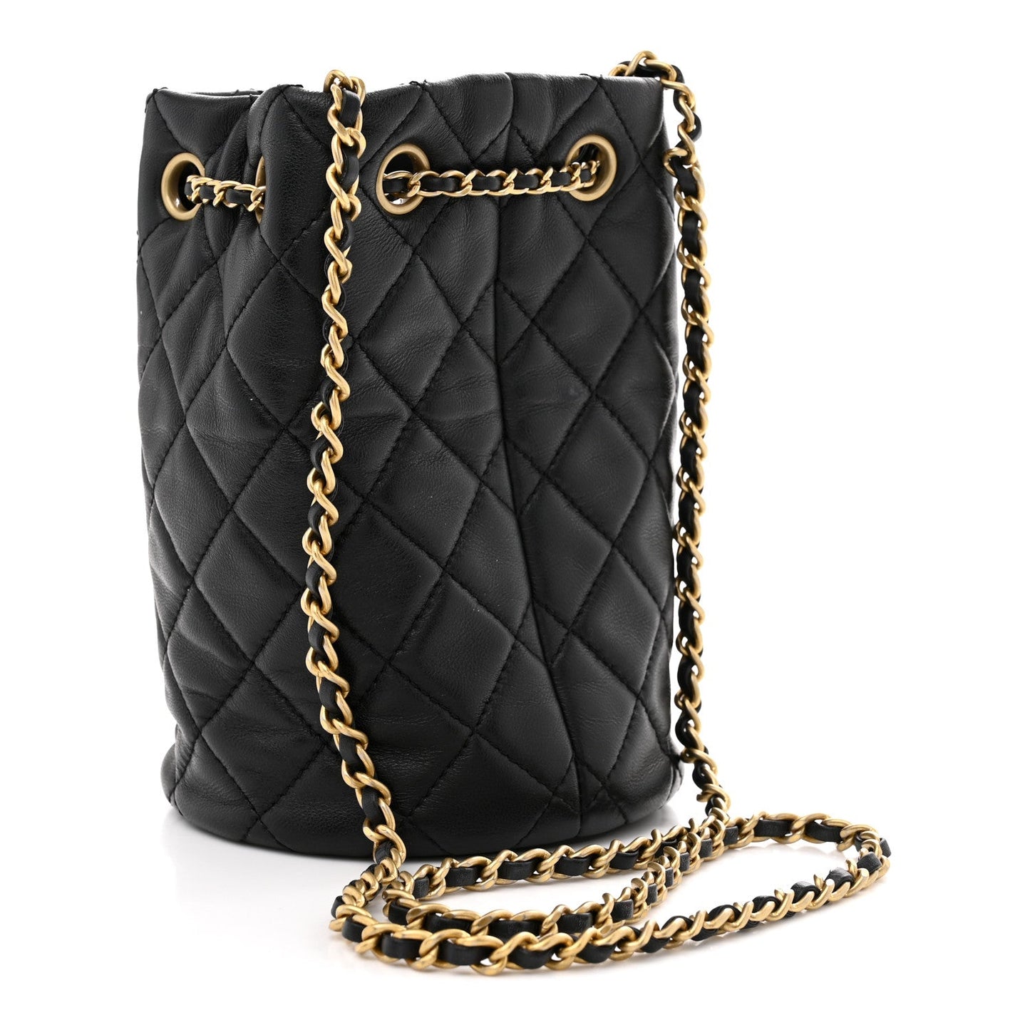 Lambskin Quilted Small Pearl Crush Bucket Bag Black