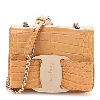Crocodile Mini Vara Bow Crossbody Bag Beige