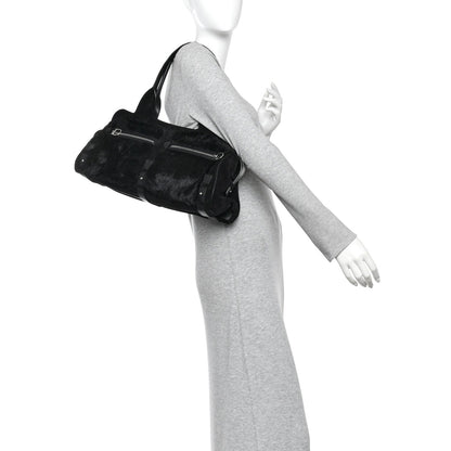 Fur Calfskin Suede Top Handle East West Tote Bag Black