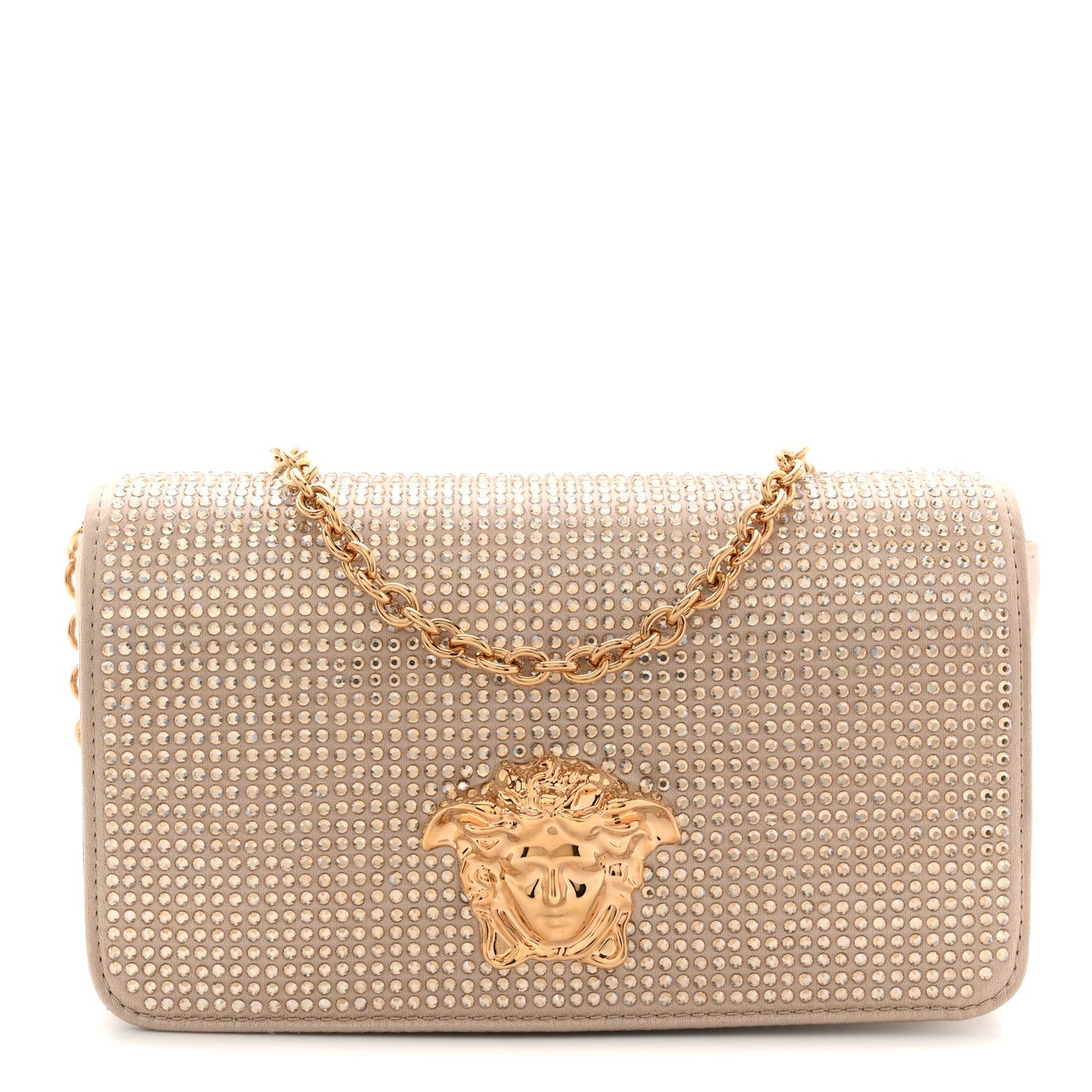 Satin Crystal Medusa Chain Clutch Beige