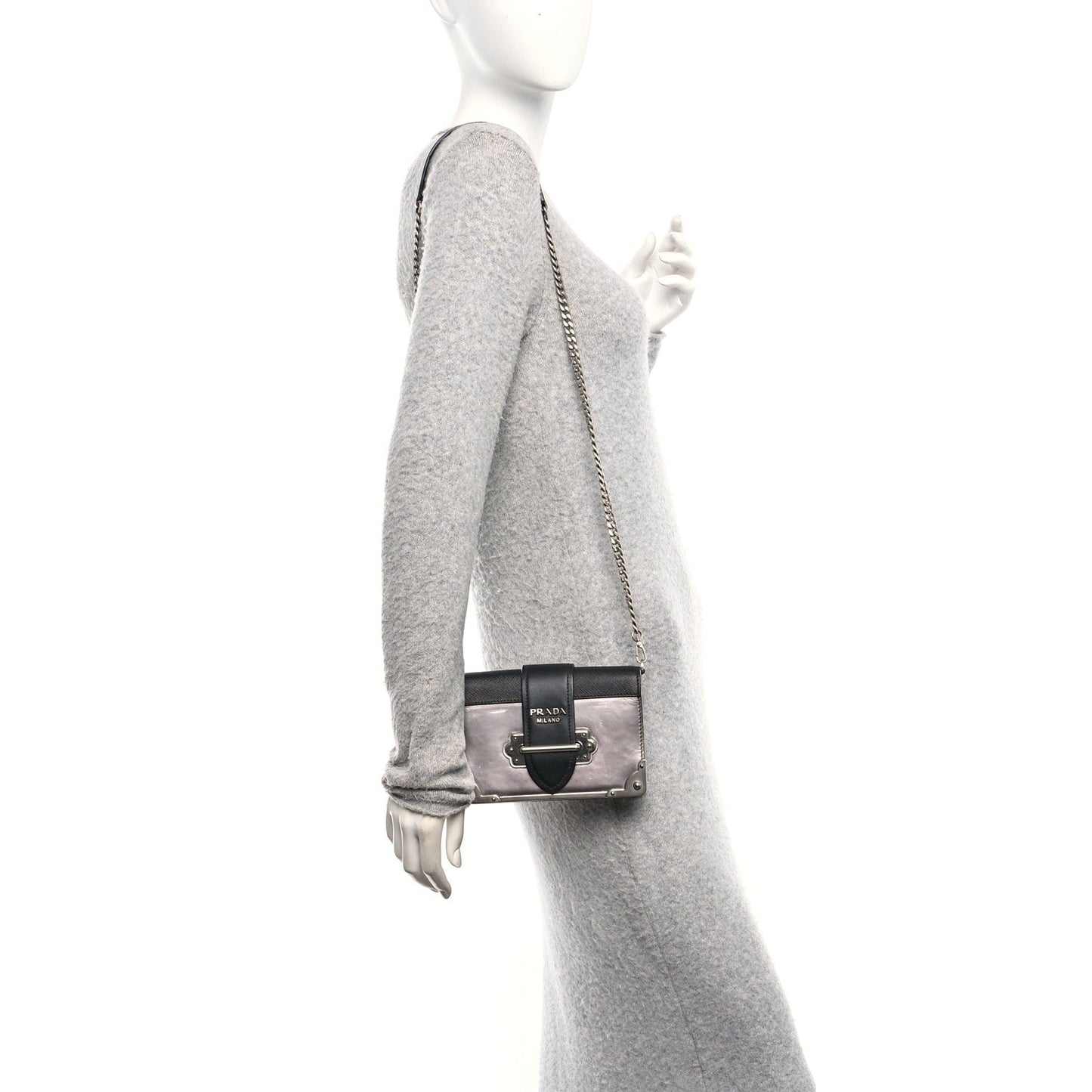 Metallic Vitello Saffiano Cahier Bag Silver Black