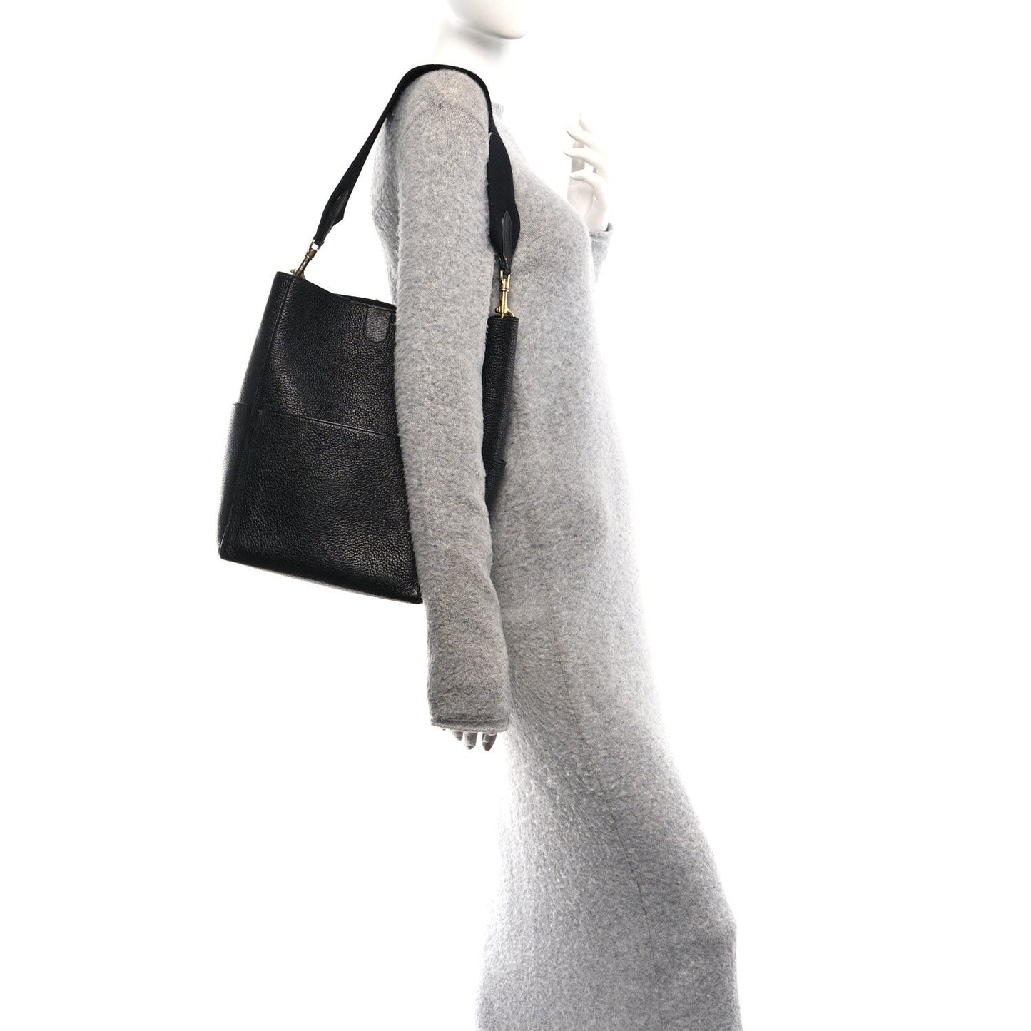 Soft Grained Calfskin Sangle Bucket Bag Black