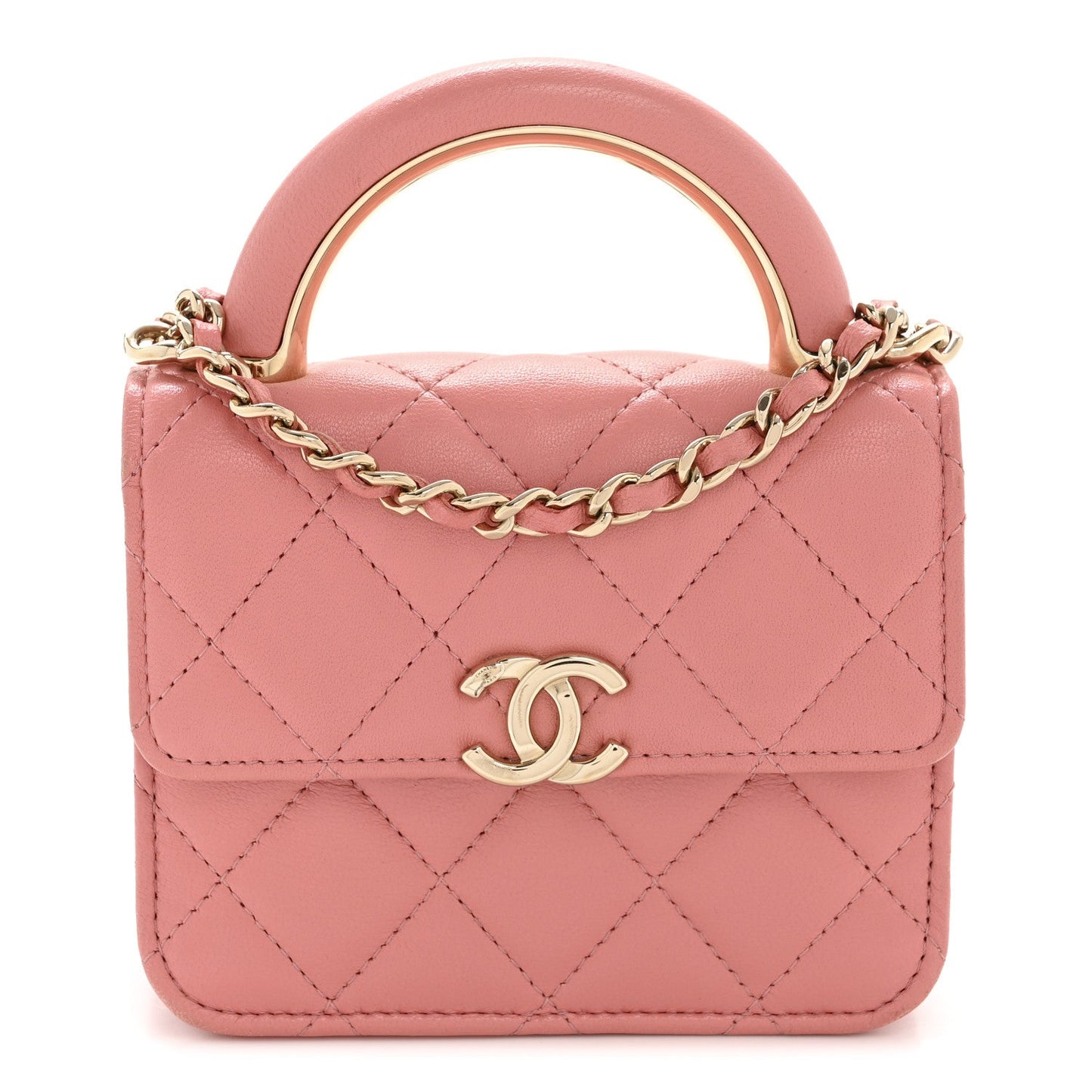 Lambskin Quilted Top Handle Flap Clutch With Chain Pink