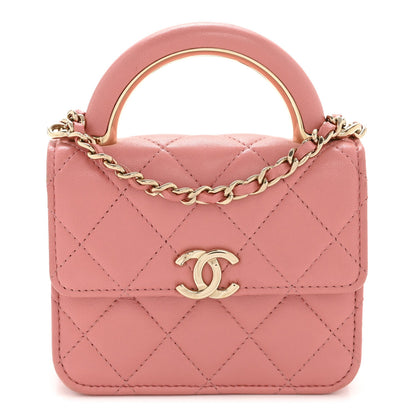 Lambskin Quilted Top Handle Flap Clutch With Chain Pink