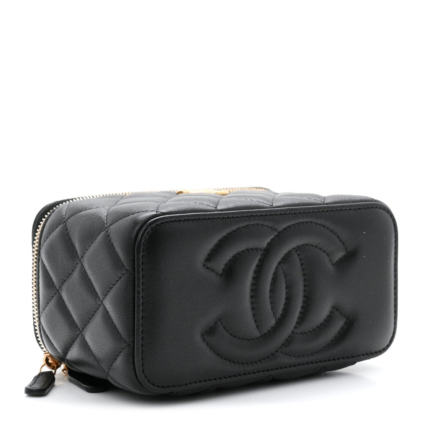 Lambskin Quilted Small Heart Vanity Case With Chain Black