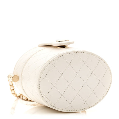Lambskin Quilted Round Mini Vanity Case With Chain White
