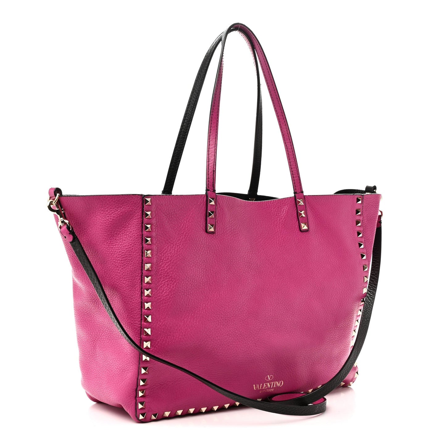 Grained Calfskin Medium Rockstud Reversible Tote Black Rose Violet