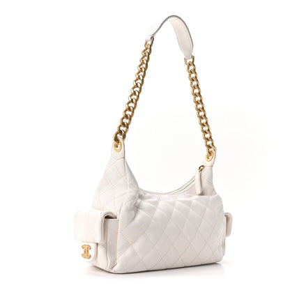 Shiny Lambskin Quilted Trendy Pockets Hobo White