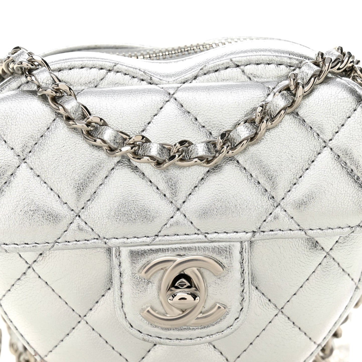 Metallic Lambskin Quilted CC In Love Heart Clutch With Chain Silver