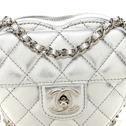 Metallic Lambskin Quilted CC In Love Heart Clutch With Chain Silver