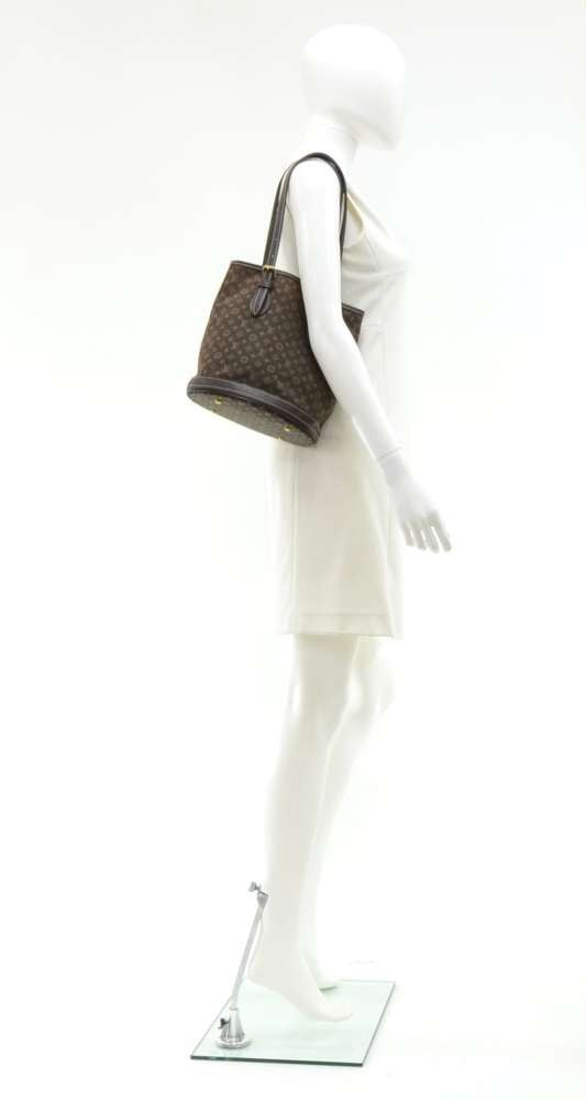 Louis Vuitto Bucket PM Mini Lin Monogram Ebène Canvas Shoulder Bag with Pouch