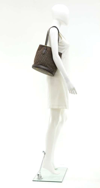 Louis Vuitto Bucket PM Mini Lin Monogram Ebène Canvas Shoulder Bag with Pouch