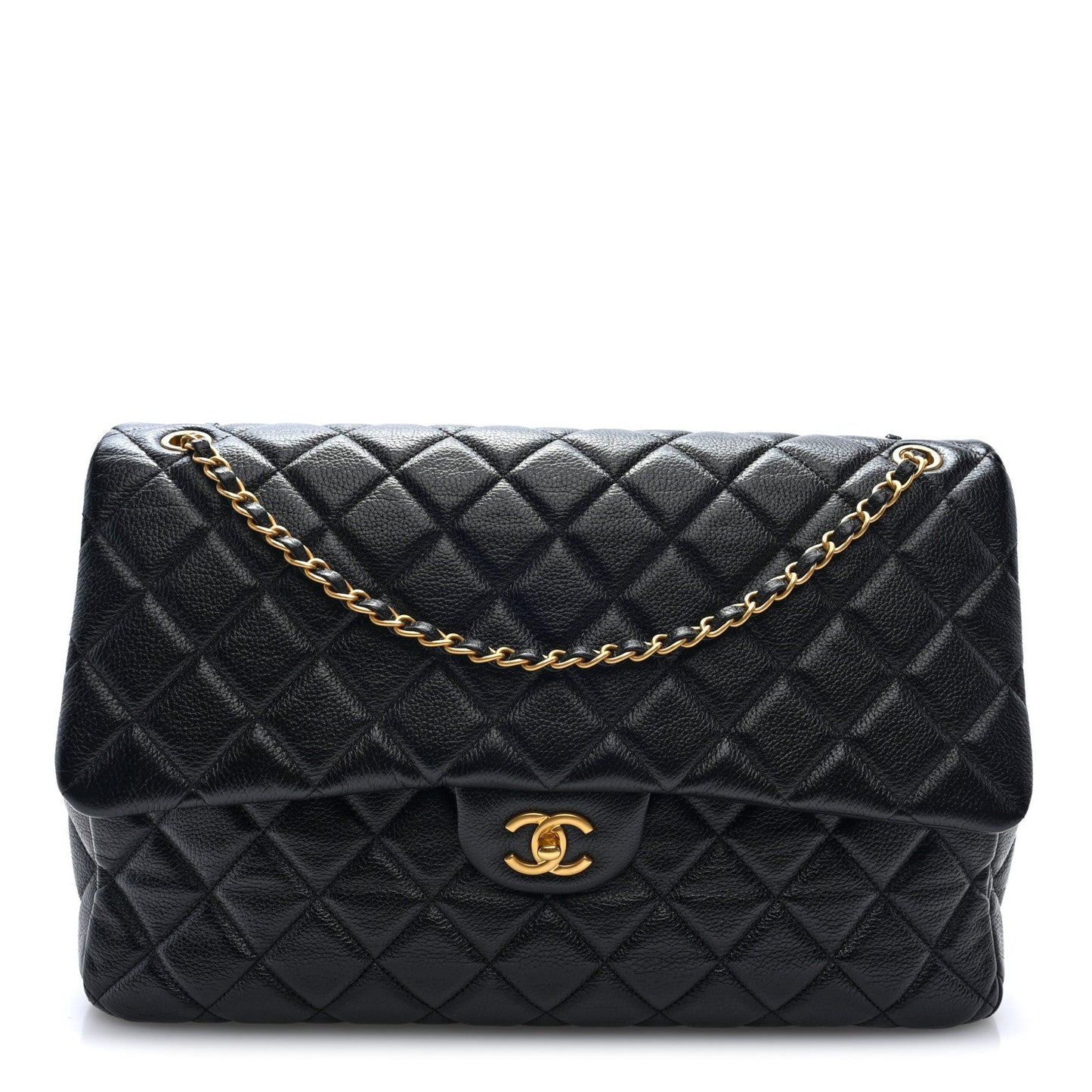 Grained Calfskin Quilted XXL Travel Flap Bag Black