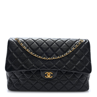 Grained Calfskin Quilted XXL Travel Flap Bag Black