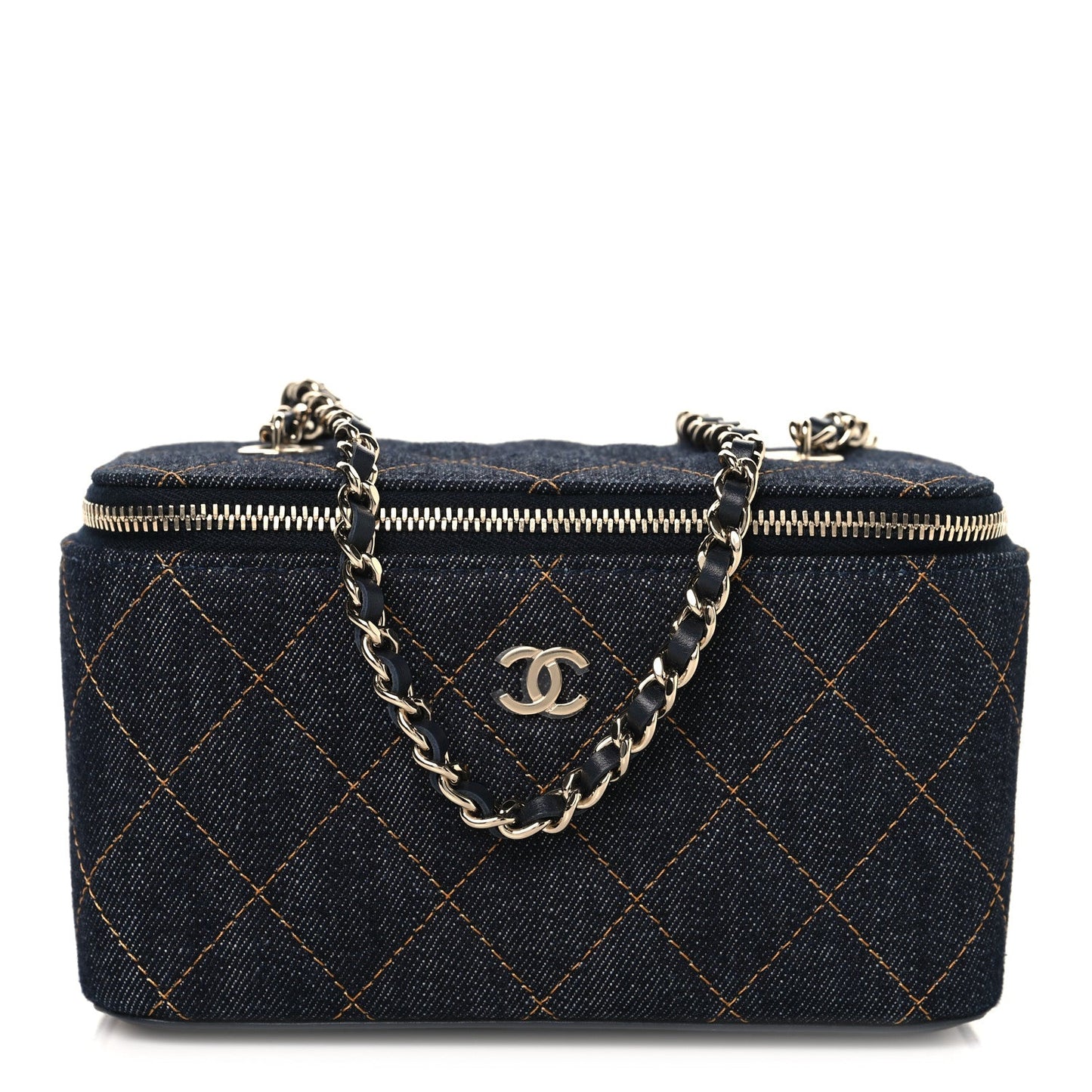 Denim Quilted Vanity Case With Chain Dark Blue