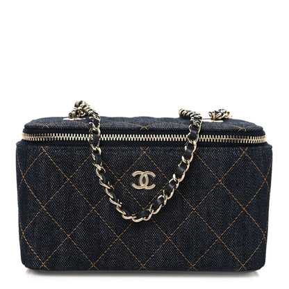 Denim Quilted Vanity Case With Chain Dark Blue