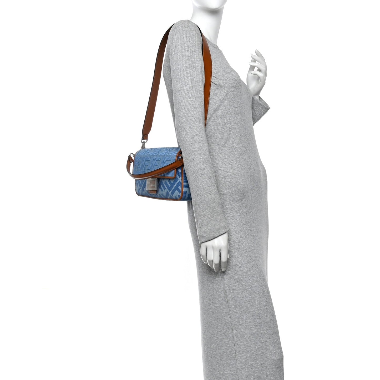 Denim Vitello King FF Embroidered Baguette Denim Chiaro Brandy