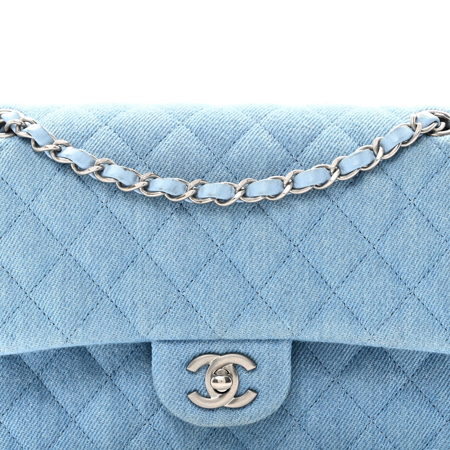 Denim Quilted Medium Double Flap Light Blue
