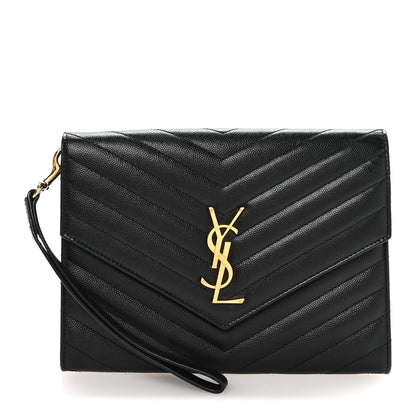 Grain De Poudre Matelasse Chevron Monogram Envelope Clutch Black