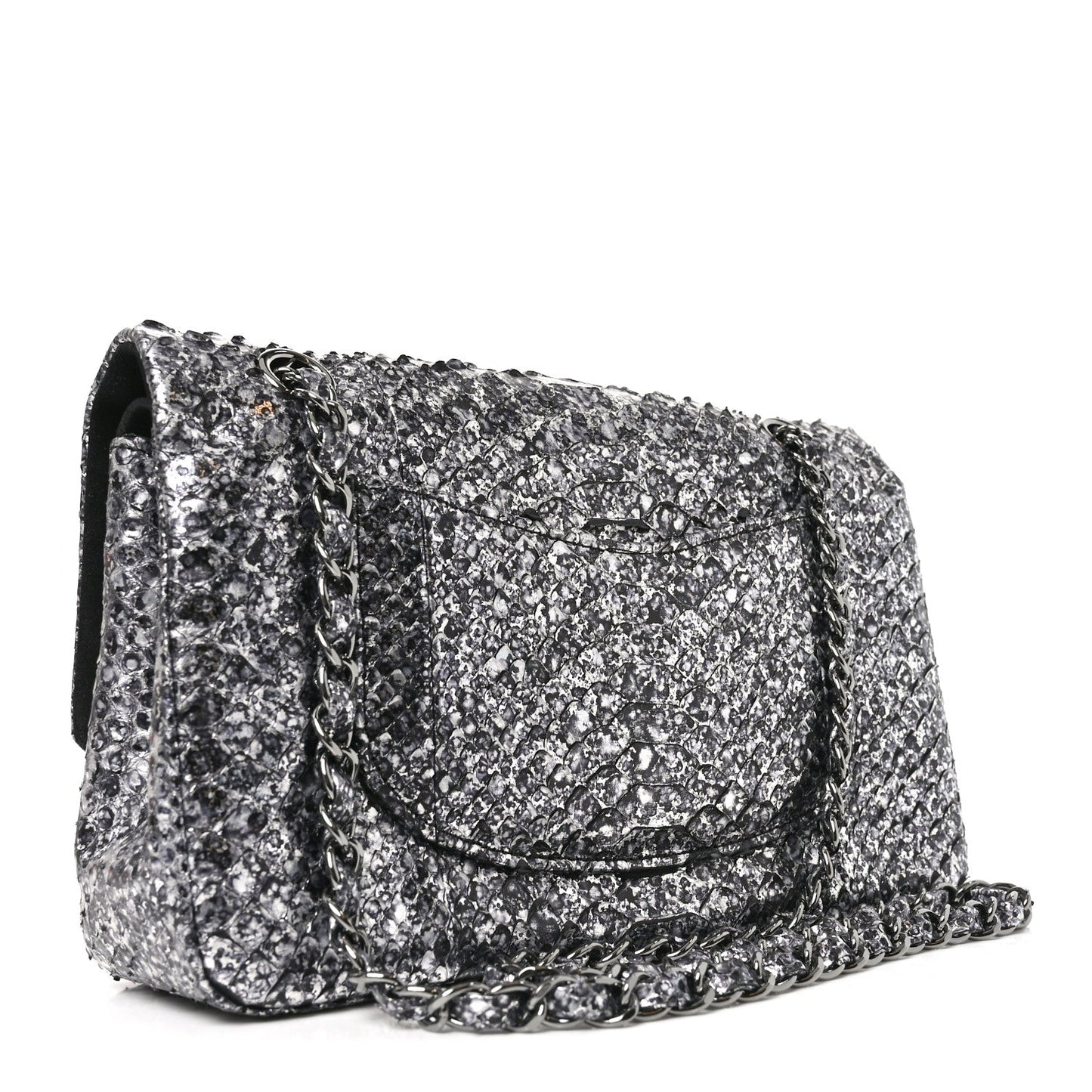 Metallic Snakeskin Medium Double Flap Black Silver