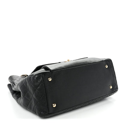 Caviar Quilted Large Flap Shopping Tote Black