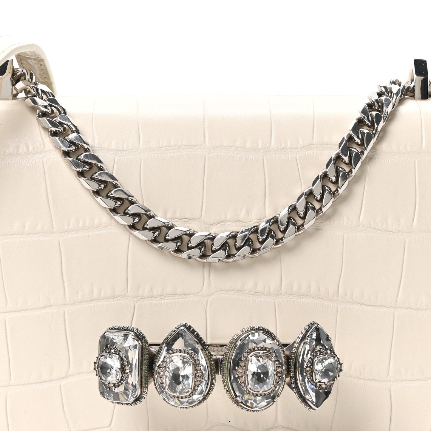 Shiny Calfskin Crocodile Embossed Knuckle Jeweled Crossbody White