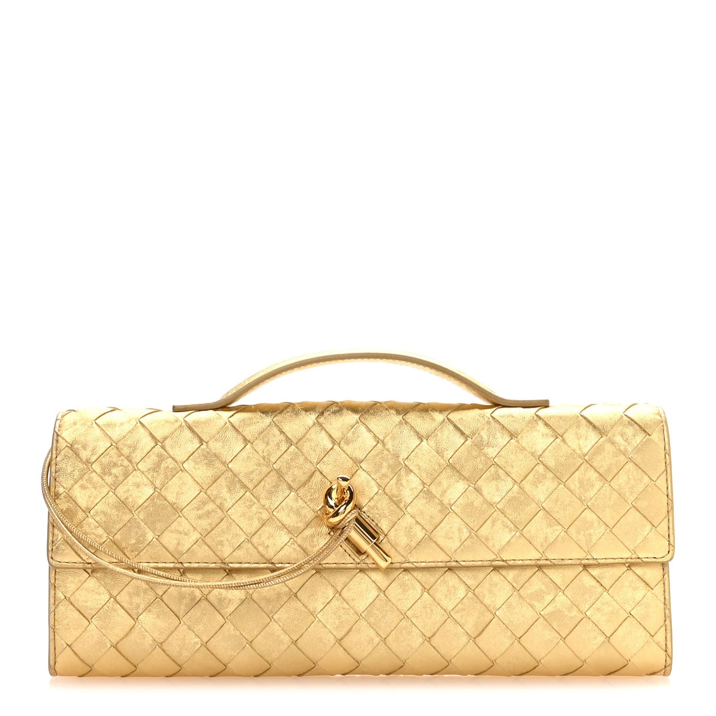 Metallic Satin Lambskin Intrecciato Long Andiamo Top Handle Clutch Gold