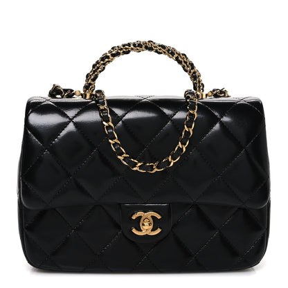 Shiny Lambskin Quilted Twisted Links Top Handle Flap Black