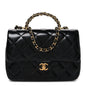 Shiny Lambskin Quilted Twisted Links Top Handle Flap Black